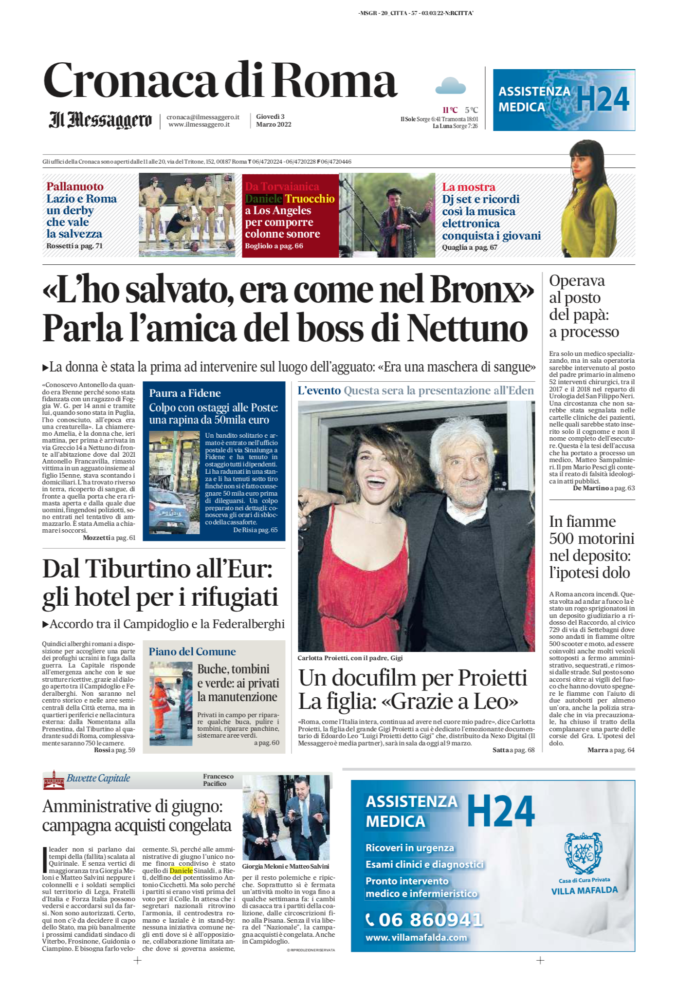 Il Messaggero Front Page - March 3, 2022